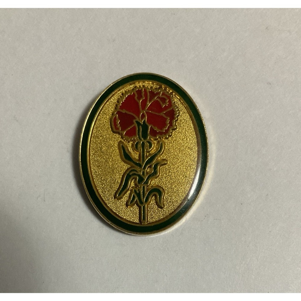 Vintage Red Carnation Flower Lapel Pin Valley Casting Signed Oval Enamel Brooch